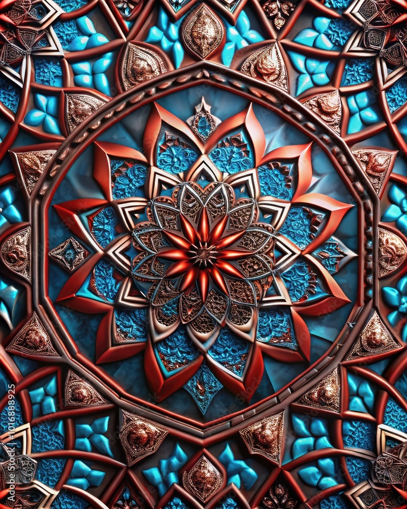 Fototapeta premium Ornate red and blue stained glass with intricate details.