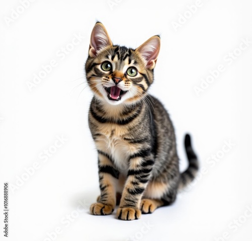 Playful Tabby Kitten with Striped Fur Meowing on a White Background