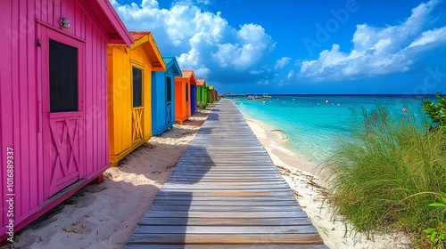 Vibrant beach huts line a serene boardwalk along a turquoise sea under a bright blue sky.