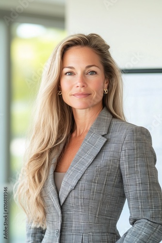 Free Download middle aged white woman with long blonde hair, wearing a checkered pencil skirt and a tailored blazer, standing by a large whiteboard in a collaborative meeting space - GFXLoad