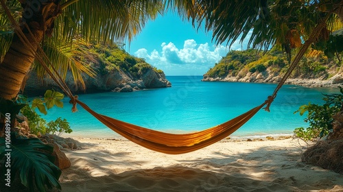 A serene tropical beach scene featuring an empty hammock stretched between palm trees with a clear blue sea and lush greenery in the background.