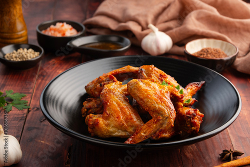 Air Fryer Chicken whole wings (Chicken 3 Joint Wing) with salt in black plate.Crispy and Healthy cooking.