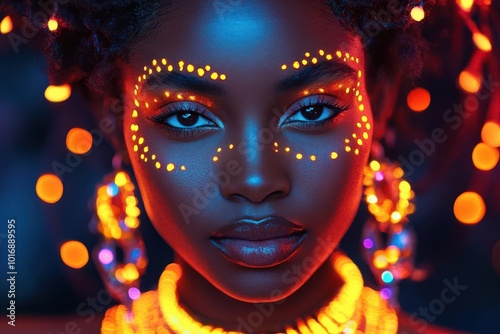 futuristic african woman adorned in a vibrant neon costume and glowing accessories radiating energy and creativity set against a dark abstract backdrop