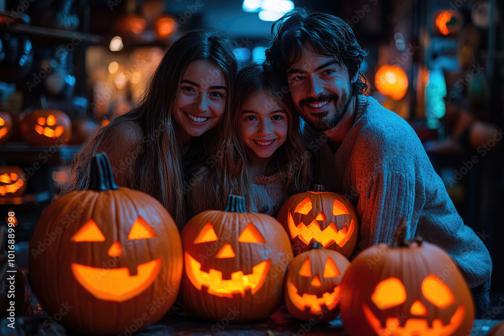 Family in a spooky setting Halloween surrounded by jack-o-lanterns.