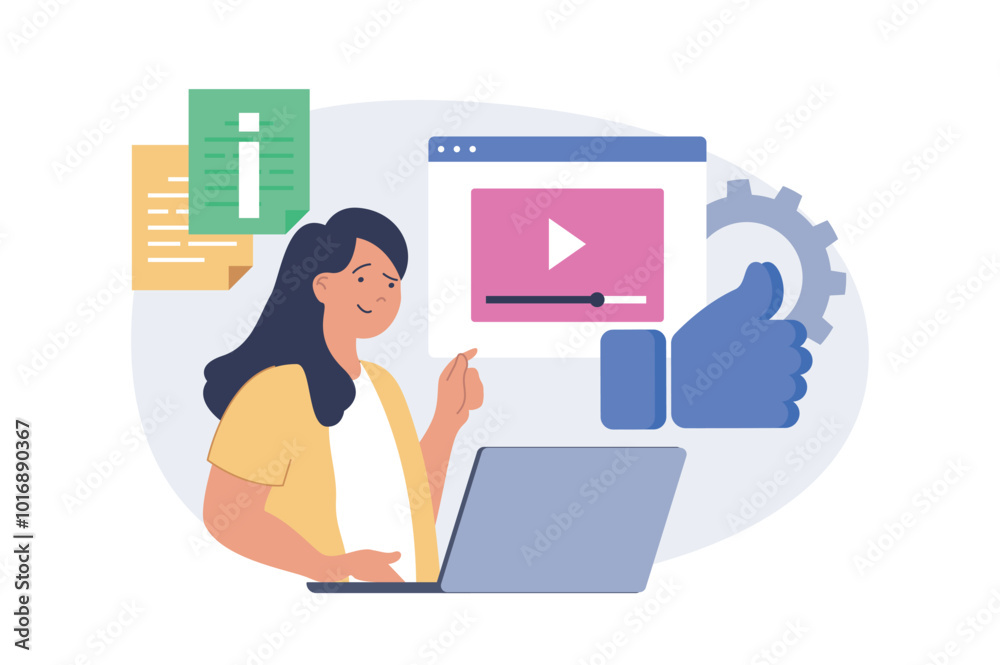 Social media concept in modern flat design for web. Woman watching video using laptop, leaving like reaction and comments, following blogs and getting new information online. Vector illustration. Social media concept in modern flat design for web. Woman watching video using laptop, leaving like reaction and comments, following blogs and getting new information online. Vector illustration.