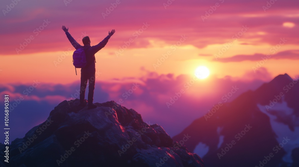 A silhouette of a person on a mountain peak during a vibrant sunset, expressing triumph. A silhouette of a person on a mountain peak during a vibrant sunset, expressing triumph.