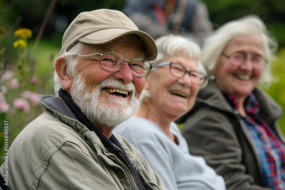 Group of seniors sitting in a park and laughing at the camera. Group of seniors sitting in a park and laughing at the camera.