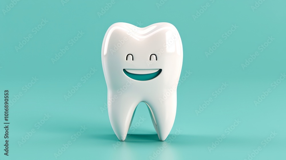 A cheerful cartoon tooth character with a smiling face against a teal background, ideal for dental care promotions, children's health campaigns, or educational materials about oral hygiene, A cheerful cartoon tooth character with a smiling face against a teal background, ideal for dental care promotions, children's health campaigns, or educational materials about oral hygiene,
