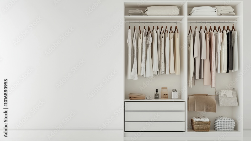 Organized closet with neatly arranged clothes and accessories