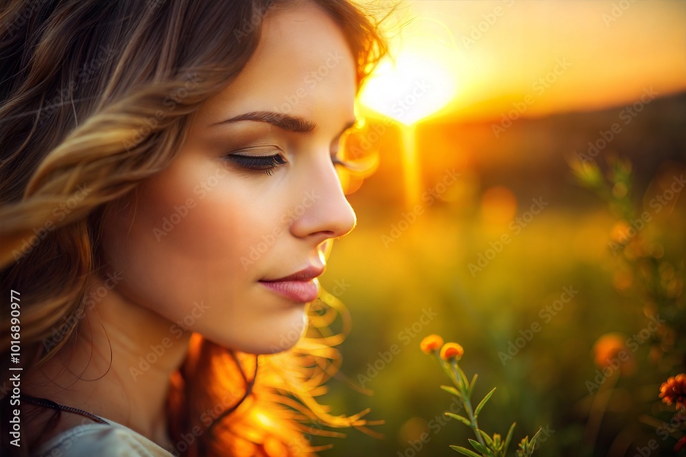 Woman with blonde hair in field at sunset soft warm light Woman with blonde hair in field at sunset soft warm light