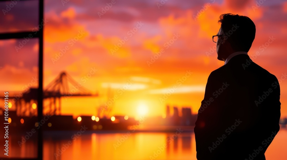 Fototapeta premium Businessman Silhouette Against Vibrant Sunset Background