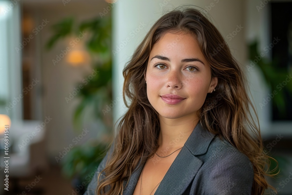 Stylish Property Management Entrepreneur Posing in a Contemporary Office Environment