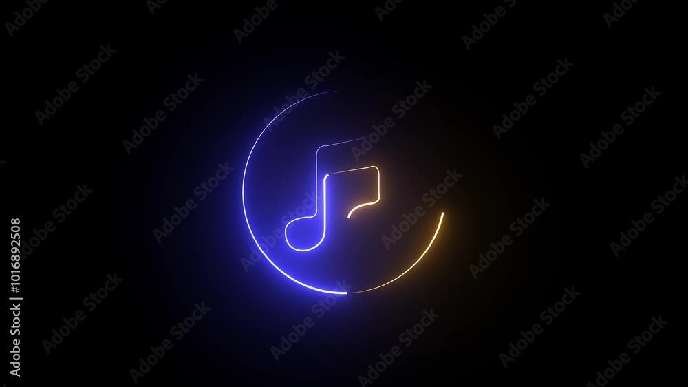 Glowing neon line musical note icon on black background. Music symbol neon color reveal and glowing loop effect animation. Glowing neon line musical note icon on black background. Music symbol neon color reveal and glowing loop effect animation.