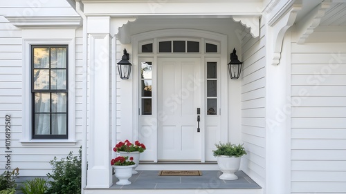 White Front Door with Sidelights and Porch   Modern Home Exterior