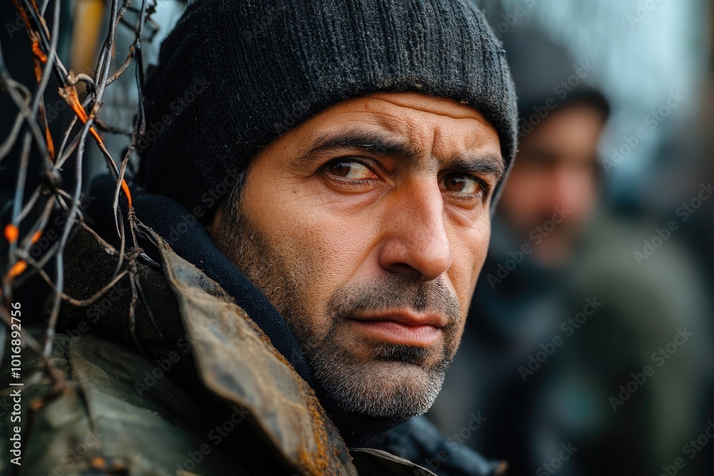 Refugee looking at the camera with sad expression on his face Refugee looking at the camera with sad expression on his face