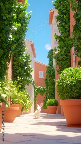 Rabbit Hopping Through Peaceful City Alleyway
