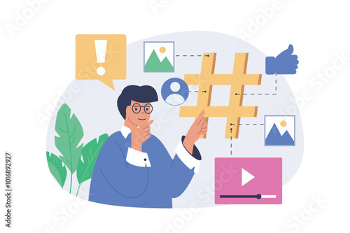 Social media concept in modern flat design for web. Man interacting with digital content and hashtags, likes friends photos in online profiles, communicating and leaving comments. Vector illustration.