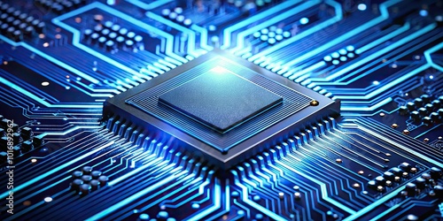 Wallpaper Mural Microprocessor chip central on printed circuit board with glowing blue traces Torontodigital.ca