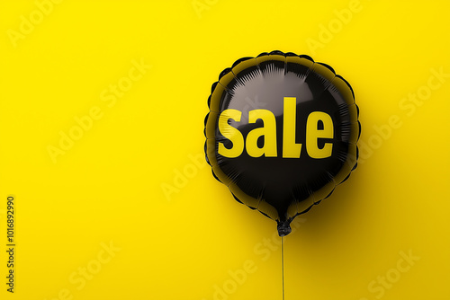 Black helium balloon with sale text on yellow background, Black Friday bright promotional banner for seasonal sales, minimalist design for discounts and retail offers photo