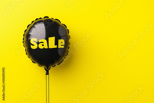 Black helium balloon with sale text on yellow background, Black Friday bright promotional banner for seasonal sales, minimalist design for discounts and retail offers photo