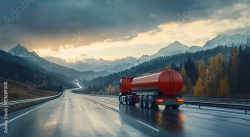 
 A red oil tanker truck driving down the highway in a mountainous landscape
