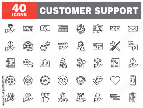 Set of 40 line icons customer support. Outline icon collection. Editable stroke. Vector illustration.