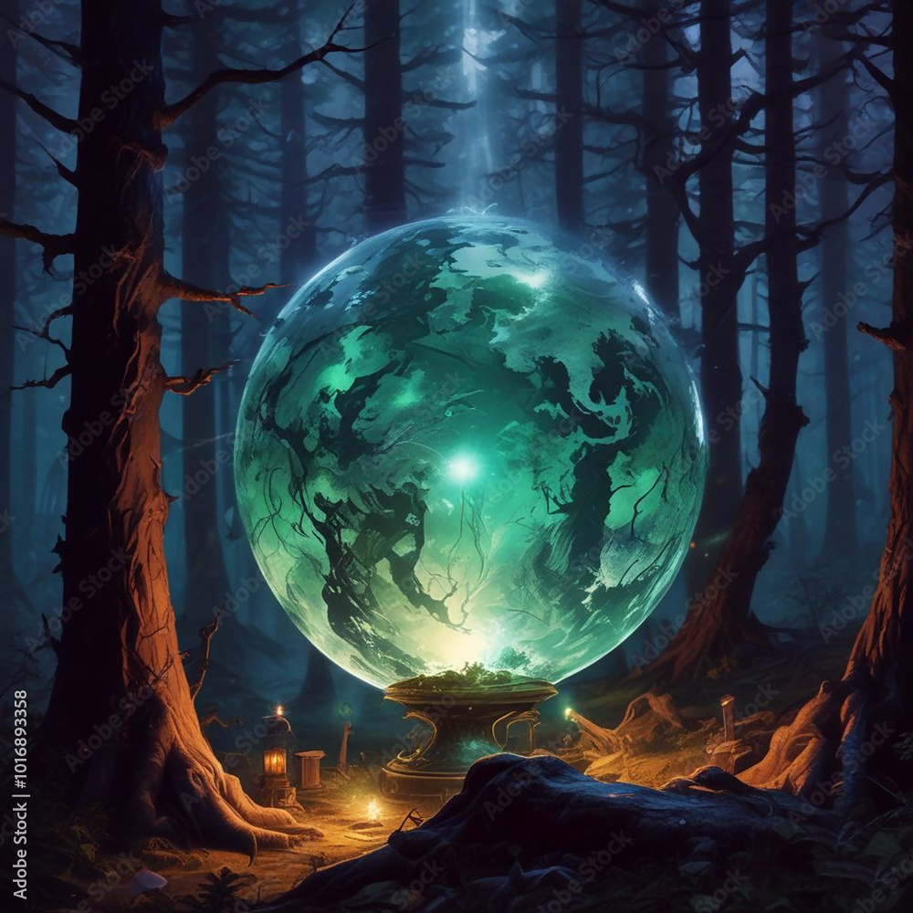 Realistic illustration of glowing wizzard globe in spooky forest. Realistic illustration of glowing wizzard globe in spooky forest.