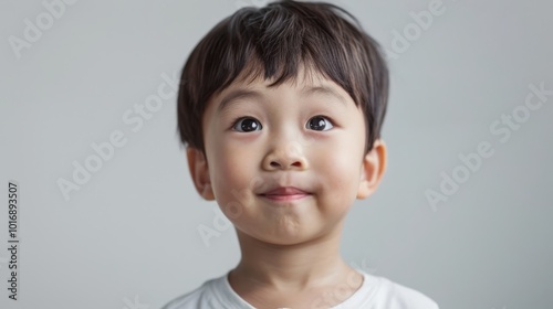 A cheerful young boy with a playful expression on his face, captured in a soft lighting setup against a neutral background.