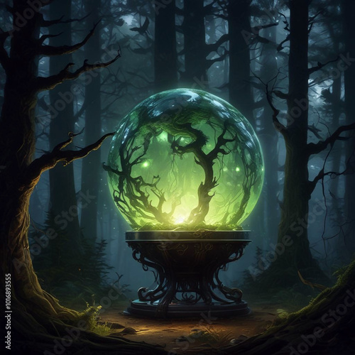 Realistic illustration of glowing wizzard globe in spooky forest. photo