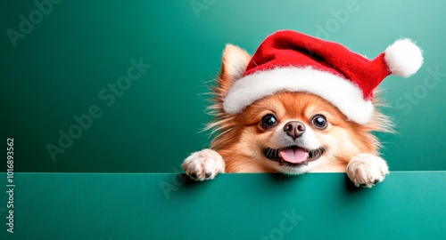 A dog  wearing a Santa hat, peeking over the edge of a green background and holding the side of a billboard with its two front legs only, christmas card banner wallpaper, copy space for text