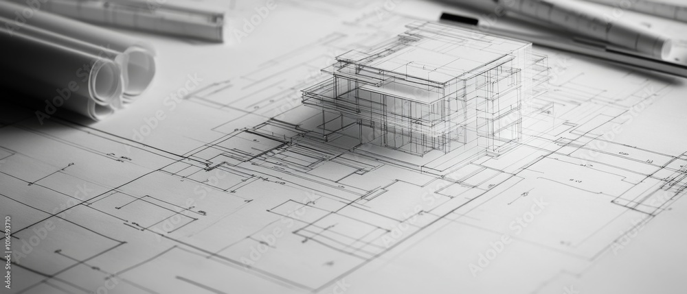 Paper architectural drawings and blueprint