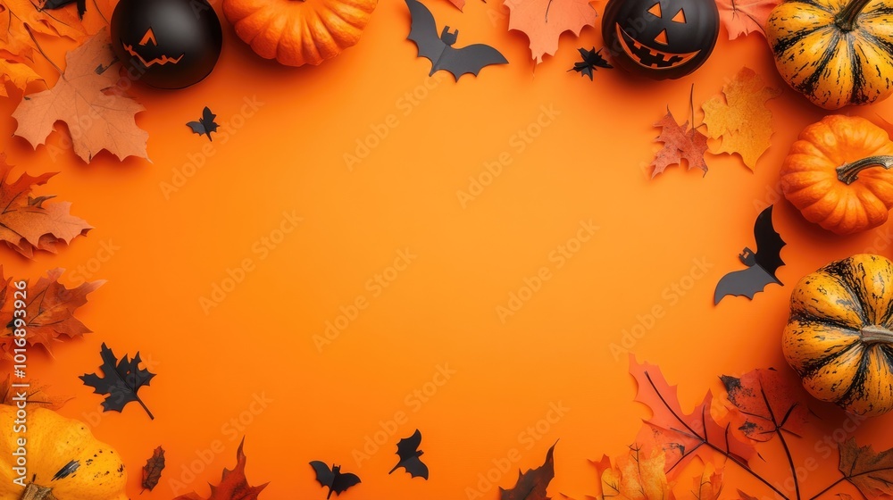 Halloween card mockup with decorations and pumpkins on orange background flat lay Halloween card mockup with decorations and pumpkins on orange background flat lay