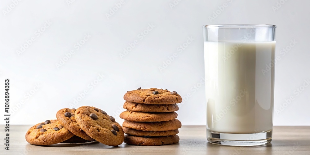 Milk and cookies beside a glass of milk on a white background Macro Milk and cookies beside a glass of milk on a white background Macro