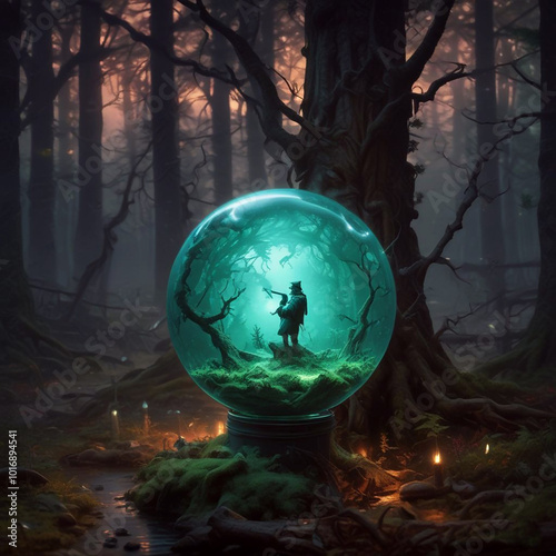 Realistic illustration of glowing wizzard globe in spooky forest. photo