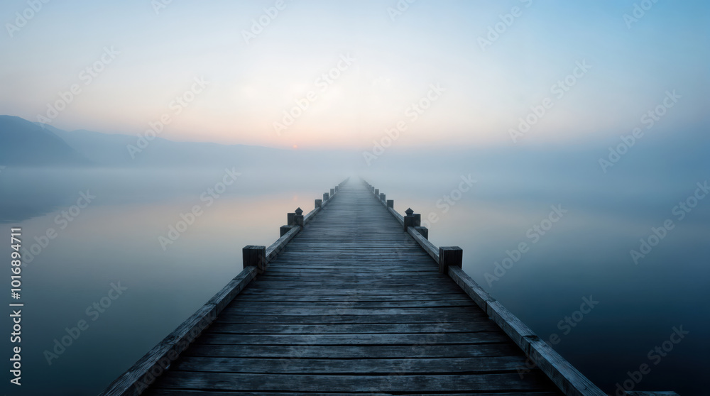 Fototapeta premium Misty dawn over tranquil lake, wooden pier stretches into foggy horizon, serene landscape reflects pastel sky, evoking peace and contemplation