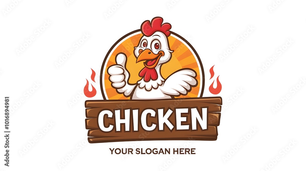 Happy Chicken Mascot Logo Design with Wooden Sign and Flames