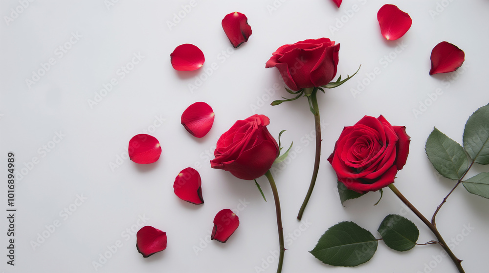 Single red rose with scattered petals on a white background. Single red rose with scattered petals on a white background.