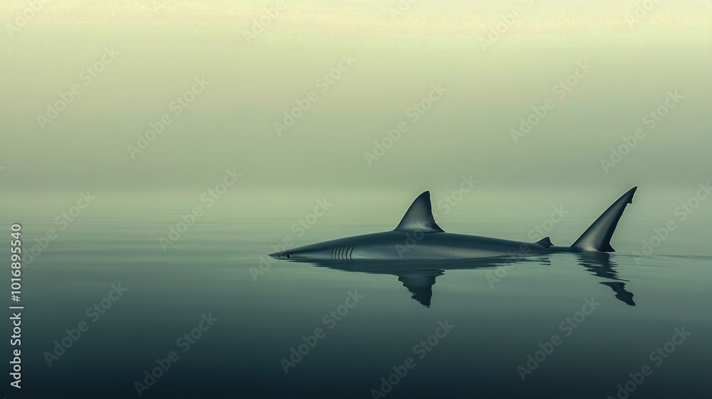 Lone shark fin swimming above calm ocean surface in serene, misty morning Lone shark fin swimming above calm ocean surface in serene, misty morning