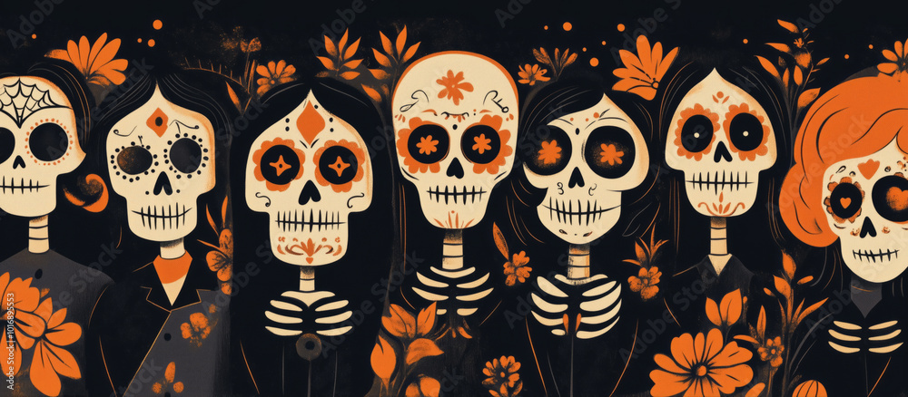 Group of colorful cartoon-style skulls celebrating Day of the Dead, with floral decorations, in a playful Día de los Muertos illustration. Group of colorful cartoon-style skulls celebrating Day of the Dead, with floral decorations, in a playful Día de los Muertos illustration.