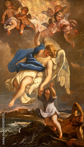 PAVIA, ITALY - SEPTEMBER 8, 2024: The baroque painting of Guardian angel in Basilica di San Michaele Maggiore by Sebastiano Ricci (1694).