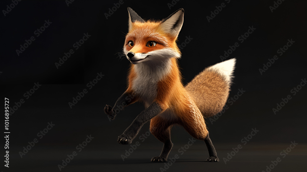 Fototapeta premium Animated Fox Sitting Calmly in a Dark Room with Mysterious Atmosphere