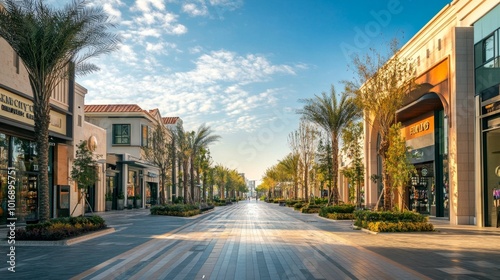 Pedestrian streets and exteriors of shopping mall buildings in the city photo