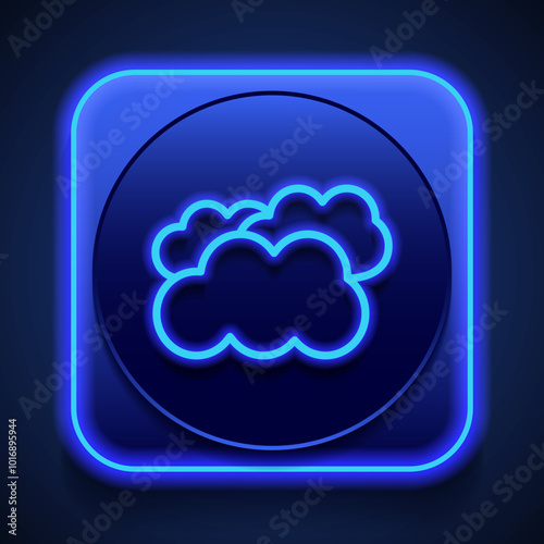 Clouds simple icon vector. Flat design. Blue neon style on button. With shadow