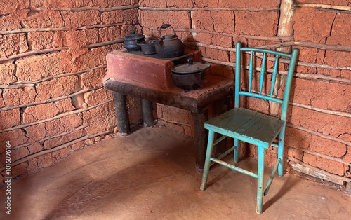 Wood stove with iron pots photo