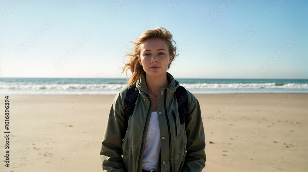 Young woman with windswept hair standing on serene beach, wearing olive jacket and backpack, exuding confidence and tranquility against ocean backdrop Young woman with windswept hair standing on serene beach, wearing olive jacket and backpack, exuding confidence and tranquility against ocean backdrop