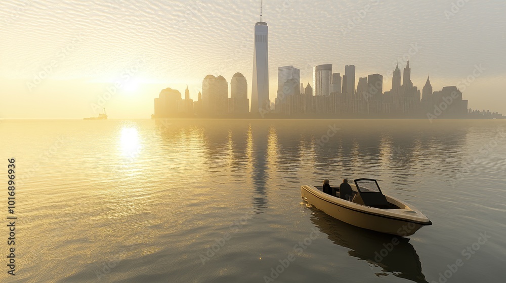 Naklejka premium Serene Morning on City Skyline with Boat in Water