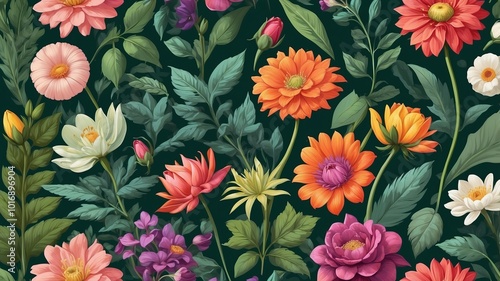 The image is a digital illustration of a variety of colorful flowers and plants