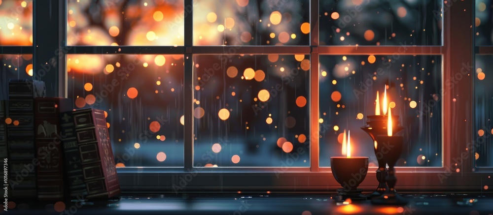 Window Candlesticks and Books with Background Lights Window Candlesticks and Books with Background Lights