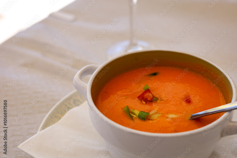 Horizontal image of a white bowl filled with traditional gazpacho, a cold Spanish tomato soup, topped with diced tomatoes, greens. Smooth texture, vibrant colors create a fresh culinary presentation Horizontal image of a white bowl filled with traditional gazpacho, a cold Spanish tomato soup, topped with diced tomatoes, greens. Smooth texture, vibrant colors create a fresh culinary presentation