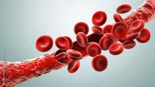 3d illustration of red blood cells flowing inside an artery with plaque build-up